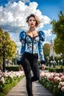 Placeholder: fullbody girl makeup wearing a victorian top and tight pants walking in moder city of 2040 park ,flowers ,pretty clouds in blue sky