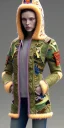 Placeholder: Brunette woman. average body type, think thighs and thick calves. Mantle is sewed of recycled Denim and sewed together of camouflage pieces. Printed camouflage figures are orange,terracotta, cream and purple. It is with big bright purple felt tippet and cream-colored-hood. mantle is merged with satchel. . AKG-style headphones (gold rings!) is merged with small felt cap with small visor. Style: Haute Couture in 1936, Paris fashion in 2023, inspired by street art. Cream latex gaiter.