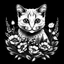 Placeholder: colorless cute sand cat between seeds and big flowers black background .black and white colors. easy for coloring . with grayscale