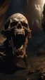 Placeholder: An evil creature with skull covered with thick layer of dark brown corrosion , open his mouth wide screaming without teeth, and standing in front of a dark cave, Bosch painting style , of a nightmare , hyper photorealistic, hyper detailed dark , high resolution, fog, octane render, tilt shift, 8k ,