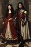 Placeholder: Oil painting Knights and princess wearing a dark red dress and long black hair