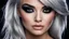 Placeholder: (hdr, dark shot:1.2), closeup portrait photo of beautiful woman, 25 years ols, makeup, dramatic eyeliner, vibrant silver hair, punky, sexy, simple black background, 8k uhd, high quality, dramatic, cinematic, vibrant colors, high contrast, (natural skin texture, hyperrealism, soft light, sharp)