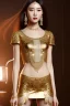 Placeholder: Beautiful perfect Portrait lady, chunyu full body shot, full-color long shot skin-tight ornate gold filigree sheer crop top Tshirt and silver leather miniskirt positive space detailed hyperdetailed insane masterpiece picture of the day