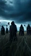 Placeholder: A group of scary large black hooded evils figures with glowing white eyes looking at you in the background and out of this world galaxy in a blue and gray cloud of stormy weather a many sticks fixed ultra hi quality picture with cinematic science, tragedy, a small black birds far in hovering in the horizon in the big field of grass near front view