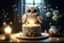 Placeholder: cute chibi plushy fluffy knitted and embroidered natural colored owl with cake in a kitchen, feathers, iridescent flowers incorporated, light emitting, bioluminescent holographic room, silver foil, sparkling diamonds, holographic raw pearls, ethereal, cinematic postprocessing