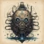 Placeholder: Liquid-filled tank with weird Eldritch biomechanical entity encased, sci-fi surreal art, by Brian Despain and Arthur Secunda and Petros Afshar, silkscreened mind-bending illustration; sci-fi poster art, asymmetric, Morse code dot and dash vertical texture, by Caras ionut