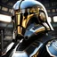 Placeholder: star wars bald male corellian pilot wearing pearlescent black and gunmetal grey First Order special forces heavy assault armor and helmet with gold trim inside the jedi temple, centered portrait, hyperdetailed, dynamic lighting, hyperdetailed background, 8k resolution, volumetric lighting, light skin, fully symmetric details