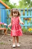 Placeholder: a pretty 5 years old girl with blue eyes and nice dress and shoes skipping rope in children play garden
