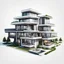 Placeholder: Modern futuristic houses in cartoon Minimalist style on white background, png, high resolution, highly detailed texture. By drone