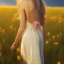 Placeholder: woman, blonde, flower field, sunset, back view, plain long light brown dress, windy, flower in hand