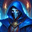 Placeholder: 90's fantasy tcg art of a hooded man with a spiral mask in a blue circus