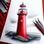 Placeholder: A metallic colored pencil drawing of the red lighthouse Sletringen Lighthouse in Norway