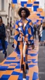 Placeholder: The fashion show walk onto the street. Realistic photo. Women wear an outfit trend 2023. Color combinations with royal blue and blue geometric print. And acsessuares.