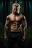 Placeholder: Muscular Alpha male with dirty long blonde undercut hair, and piercing blue eyes. Dark Fantasy dark forest background photo realistic