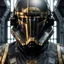 Placeholder: star wars bald male corellian pilot wearing pearlescent black and gunmetal grey First Order special forces heavy assault armor and helmet with gold trim inside the jedi temple, centered portrait, hyperdetailed, dynamic lighting, hyperdetailed background, 8k resolution, volumetric lighting, light skin, fully symmetric details