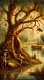 Placeholder: Bosch painting style , old willow tree by the river , a lovely ducks is swimming in the river
