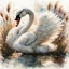 Placeholder: 6,majestic swan with fluffed wings hiding within reeds and bull-rushes, their feathers shimmering with an ethereal glow, gazing intently into the distance. The surrounding mirror pond is bathed in soft sunlight, casting long shadows. PAINTING WITH WHITE SPACE, Carne Griffiths, WLOP, fine-tuned stylised watercolour encircled by splashy white space photorealistic ChatGPT.