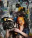 Placeholder: happy beautiful girl holding big proffesional camera in studio. street art, oil on canvas, spray paint, collage, letters, newspapeers, Dave McKean, Vladimir Fedotko, Saturno Butto, Vaughn Bodé, Frank Wu, James C. Christensen, collage, dirty, paint dripping, radiant