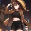 Placeholder: Clear focus, High resolution, short brown spiky hair, hair between eyes, eyes closed, wearing a brown detective hat, wearing a brown jacket and a black shirt, wearing black shorts, 1girl, pulling hat down, smiling
