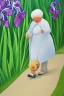 Placeholder: Old woman walking along a lane. White hair, overweight, skirt, green west. Poodle beside her. Vienna. perfect iris. Naive Painting