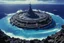 Placeholder: (heavy metal / metal hurlant: psychedelic), (Seen from above) (High-resolution, 35mm film grain photo by Ray Harryhausen), The Great Sinking of Pandora. The ocean world Pandora, its ancient living ecosystem a shattered, toxic memory, is now a horizon-to-horizon abyss of churning deep indigo and radioactive magenta waters under a sky the color of a fresh bruise, split by psychedelic, prismatic auroras. The Islander Exodus: Two enormous, kilometers-wide bioengineered floating islands, shaped like