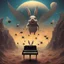 Placeholder: monochromatic black and white bugs bunny composer piano, diffrent planet, one swine pig piggy flying wasp angel, beksinski style daker theme