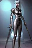 Placeholder: full body picture of a skinny woman with a bob, in silver armour, holding a curved sword, futuristic steampunk background