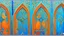 Placeholder: semi-abstract painting, triptych with 3 gothic_arab gates in blue, turquoise and orange