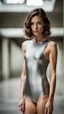 Placeholder: beautiful anorexic secretary, total shot, short shiny silver triathlon swimsuit, short brunette wavy bob hair, blurred concrete background, standing