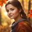 Placeholder: beautiful young girl, 15 years old, looking at the sunlight in autumn, forest, beautiful face, best quality, soft smiling ,portait, very cute, water coloured painting, Award winning photography illustration dynamic lighting 8k, very cute, fantasy, fantastic view , colourful Nikon850