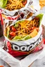 Placeholder: "Taco in a Bag" which consists of an open Doritos chip bag with sides rolled down, containing Doritos chips and cooked ground beef and lettuce and shredded cheese and chopped tomato pepper and onions and topped with more nacho chips, food blogger photography