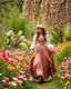 Placeholder: create a video , in a pretty nature of conuntry side a big mas of ramdom pretty flowers fall down and a beautiful lady in victorian clothing comes out and walks with cute in the flowers garde