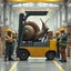 Placeholder: A giant snail in a factory driving around in a Atlet forklift, and are in the way for every worker, other angry workers stands around the snail and yell at him, pointing and give him the middle finger