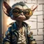 Placeholder: airbrush with pen outline, cool pimp gremlin leaning against a wall, wearing flip down sun glasses, in the style of a fallout 4,bokeh like f/0.8, tilt-shift lens 8k, high detail, smooth render, down-light, unreal engine, prize winning