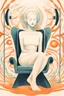 Placeholder: An ethereal, futuristic illustration of a woman in a state of musical immersion, with her eyes closed and a serene expression. She sits in a living chair that is alive with organic shapes and glowing orange elements, ready to embrace her. The background is soft and surreal, contributing to the otherworldly mood.