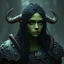 Placeholder: A digital illustration shoot from a portrait camera angle about a portrait of a young orc woman with dull green skin. In the middle of the image, a 20 years old orcish woman, appears to be looking at the viewer lost in thought. she has long black hair, red eyes, and is wearing armour. Fantasy, skyrim, magic
