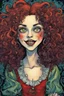 Placeholder: a cartoon illustration of a schizophrenic curly haired vampire girl , in the cartoon style of Lynda Barry , Ernie Pook's Comeek, vibrant natural colors, , museum quality masterpiece