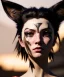 Placeholder: miqo'te character, wild blonde hair, ominous, facepaint, waist up portrait, intricate, oil on canvas, masterpiece, expert, insanely detailed, 8k resolution, retroanime style, cute big circular reflective eyes, cinematic smooth, intricate detail, soft smooth lighting, soft pastel colors, painted Renaissance style