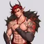 Placeholder: A Young Adult Male. A unique blend of Wood Elf and Red Tiefling features. His handsome face contrasts with the Yakuza dragon tattoos that completly cover his back, arms, and legs. He is wearing a torn coat, he also has earings. A physique that is strong and well-built, resembling a Fighter.