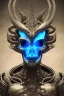 Placeholder: blue alien, head, evil, red eyes, weapons, blood, 8k, finely detailed, photo realistic, HR Giger style turquoise skull head gold dragon Mexican alien moon skeleton Viking helmet Black background