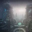 Placeholder: biomorphic alien city with lighting, panoramic, colours, 3D-rendering, foto-realistic,TG, 8k, art by HR Giger.