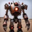 Placeholder: trash mech suit, human-sized, made of scrap metal, cockpit, light rust, round, one red glowing eye, loose wires