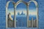 Placeholder: an open gothic gate in a blue-tiled wall with a view of an old city by artist "Rene Magritte",by artist "Leonora Carrington"