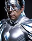 Placeholder: Photograph the frontal profile of Gustavo Petro in a silver Superhero suit with hyper-detailed