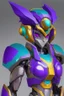 Placeholder: One Genderless Cyborg made of old metal, has a human like face with a really long violet ponytail, the armor is similar to Omega from Megaman. The color palatte of the armour is deep purple and yellow. They have clear visor, and have Turquoise colured eyes.