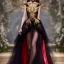 Placeholder: stunning extrem opulent haute couture gown designed by Marchesa inspired by fairies, realistic epic elegant fantasy color mix of black and gold and dark red,decorated with precious stones, detailed, high quality, intricate, fantasyland background,