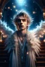 Placeholder: hair standing straight up, fluffy clouds, intense eyes,looking upwards, white pupils, close facial portrait of the streetwise magician posing in elaborate cape, angels and demons, fireflies , staircase with closed gates of heaven, 4 k, down light, depth of field, trending art, high detail