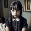 Placeholder: Cute wednesday addams as a child, braids, a frange, with a black rabbit, worn polaroid, 1970s, empty room, no emotion on her cold face