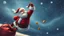 Placeholder: Santa Claus is floating in the wind, holding on, holding his hat with his other hand, gifts are falling out of the bag