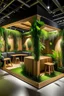 Placeholder: Corner exhibition stand with wood elements and greenery, with meeting areas